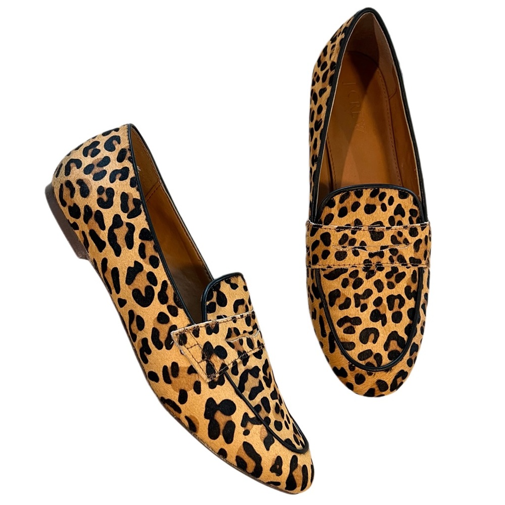 J. Crew Leather Calf Hair Leopard Print Penny Loafers Size 8